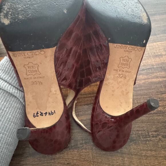 Jimmy Choo Bordeaux Croc Embossed Patent Leather Slingback Stiletto Heels - Picture 7 of 10